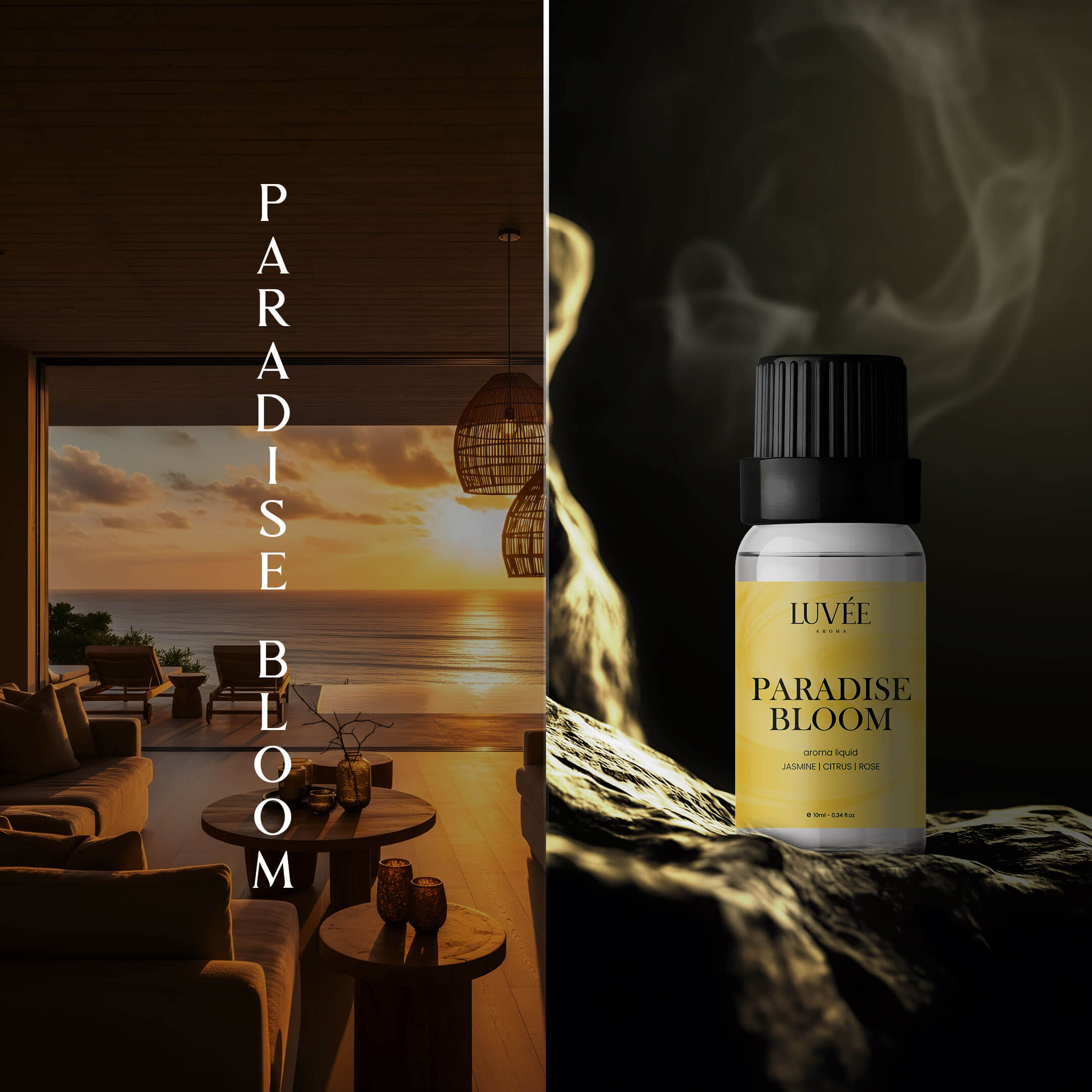 Floral essential oil Paradise Bloom by Luvée – premium aromatherapy oil for uplifting and relaxing ambiance.