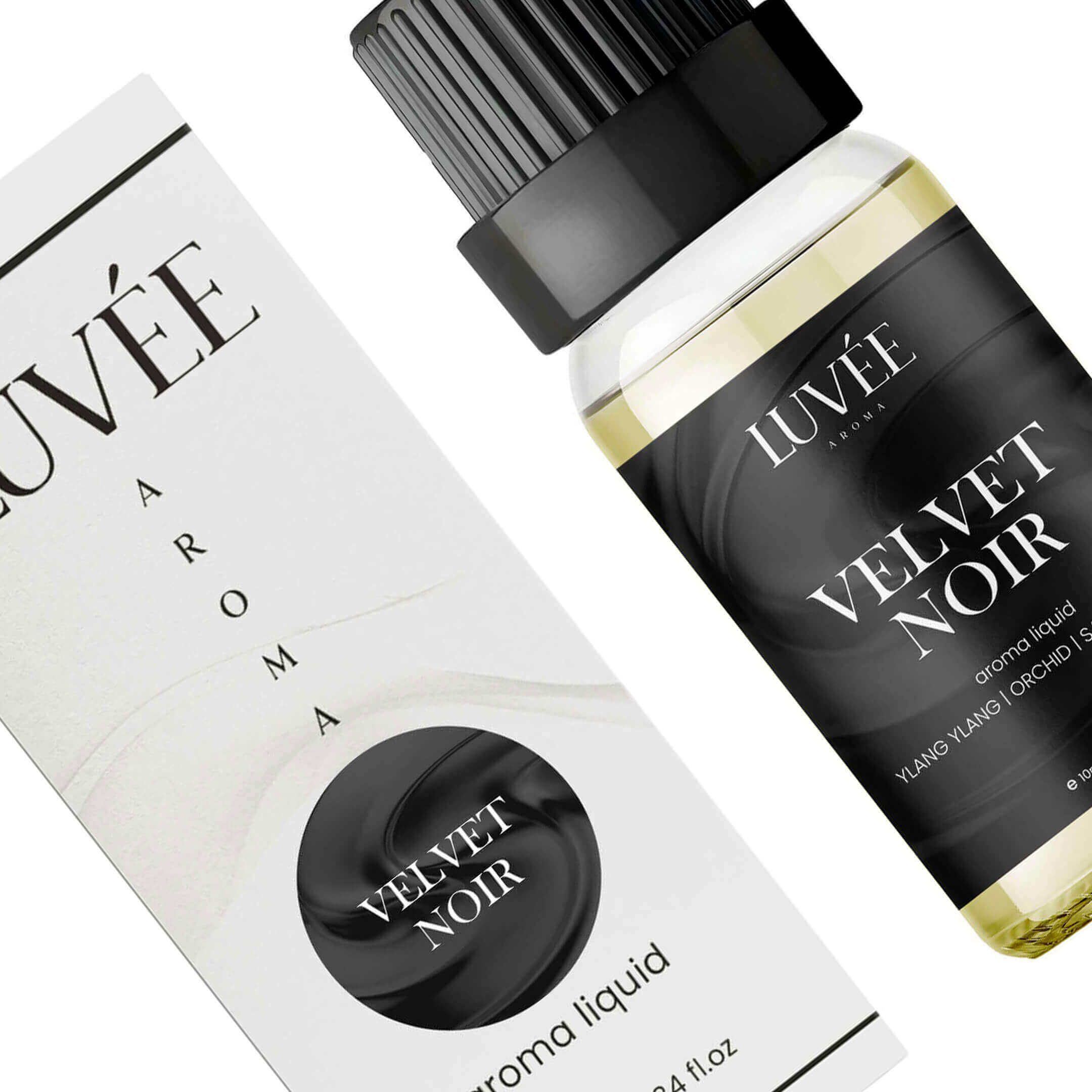 Luvée Velvet Noir – luxury essential oil for diffusers with dark woody notes and a smooth, sophisticated aroma.